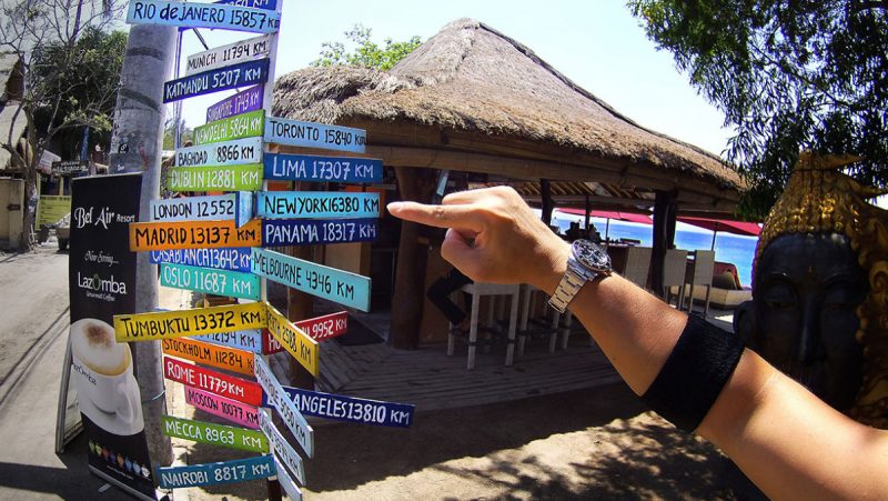 Higher(er) Learning Through Travel Bel Air City Distance Sign at Gili Air Island, Indonesia /// Vinjatek